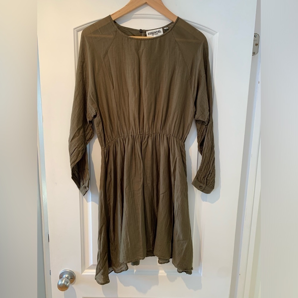 Essentiel Antwerp Dress Size 38 US 6 Olive Green Cotton Silk Scrunchy Lined